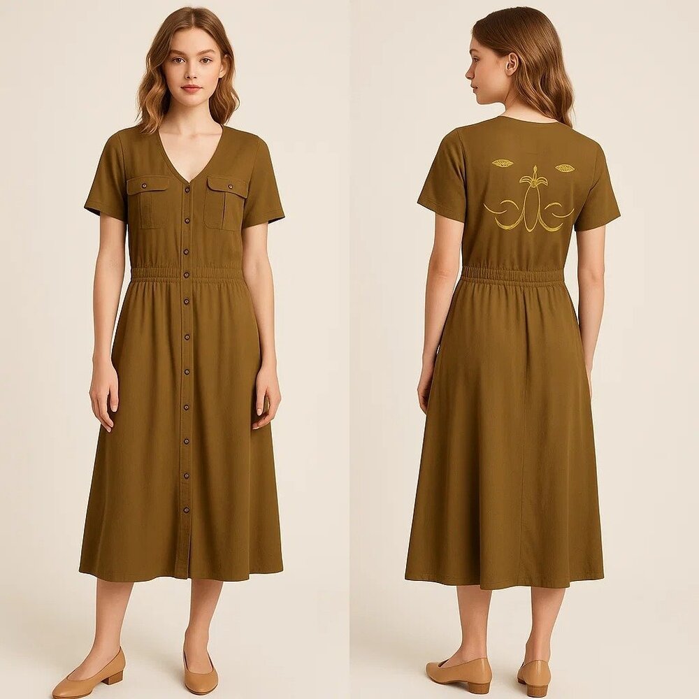 Anthropologie Viola Button Embroidered Dress Size 40 Cottagecore‎ Safari Granola